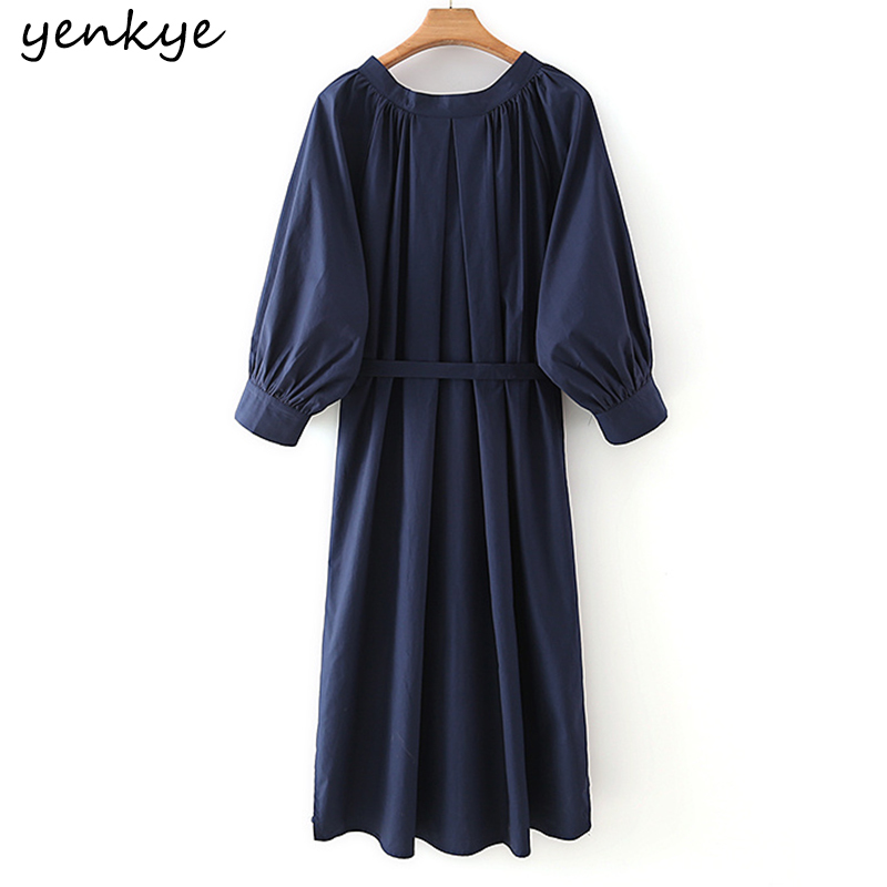 YENKYE Fashion Women Spring Vintage Solid Color Dress Female Long Sleeve V Neck Sashes Midi Casual Loose Dress Plus Size 210515