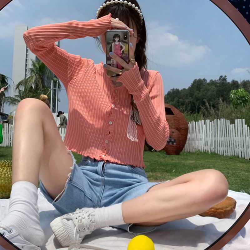 Women Summer Long Sleeve Sunscreen Cardigan Ribbed Knit Ruffles Sweater Crop Top Button Down Solid Color V-Neck Outwear 210918