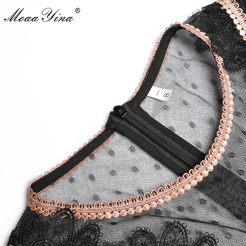 Fashion Runway dress Summer Women's Dress Short sleeve Mesh Patchwork Ruffles Black Slim Elegant Dresses 210524