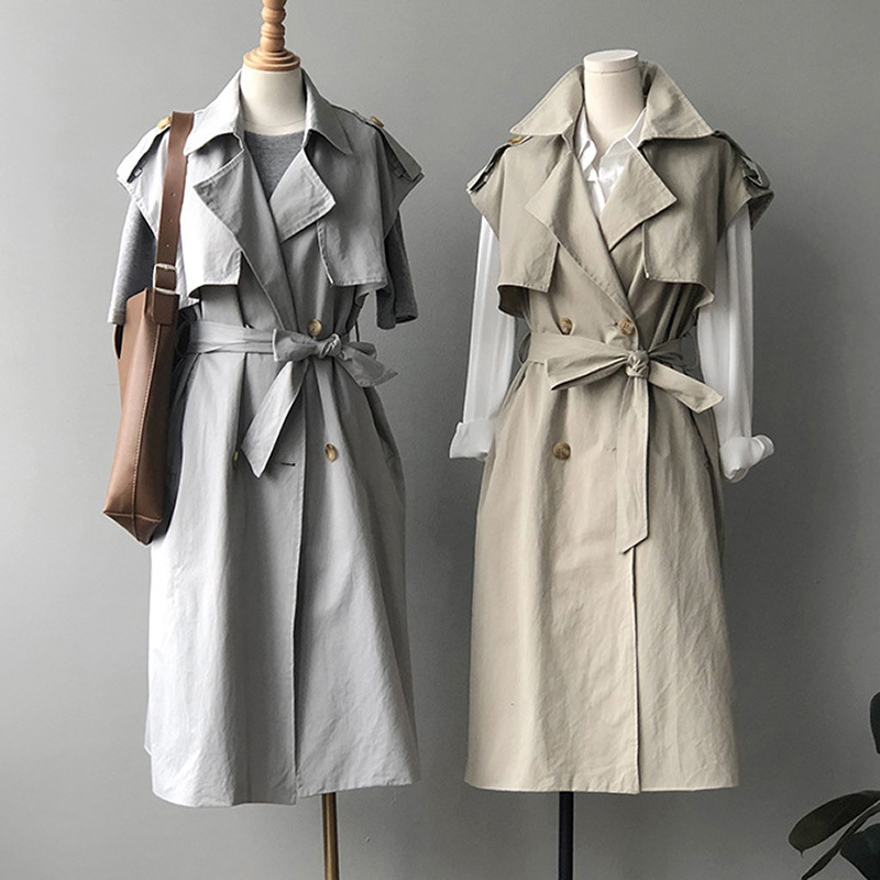 Women Solid Long Trench With Belt Sleeveless Double Breasted Chic Coat Female Turn Down Collar Office Wear Windbreaker 210414