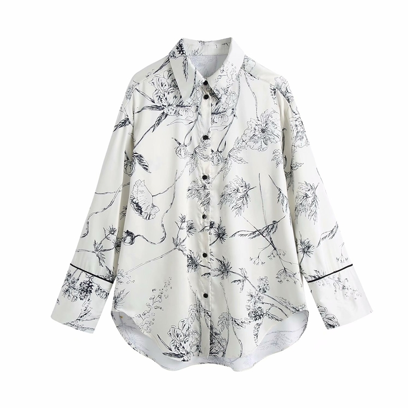 Elegant Women Sketch Print Shirts Fashion Ladies Turn Down Collar Satin Tops Streetwear Female Chic Loose Blouses 210430