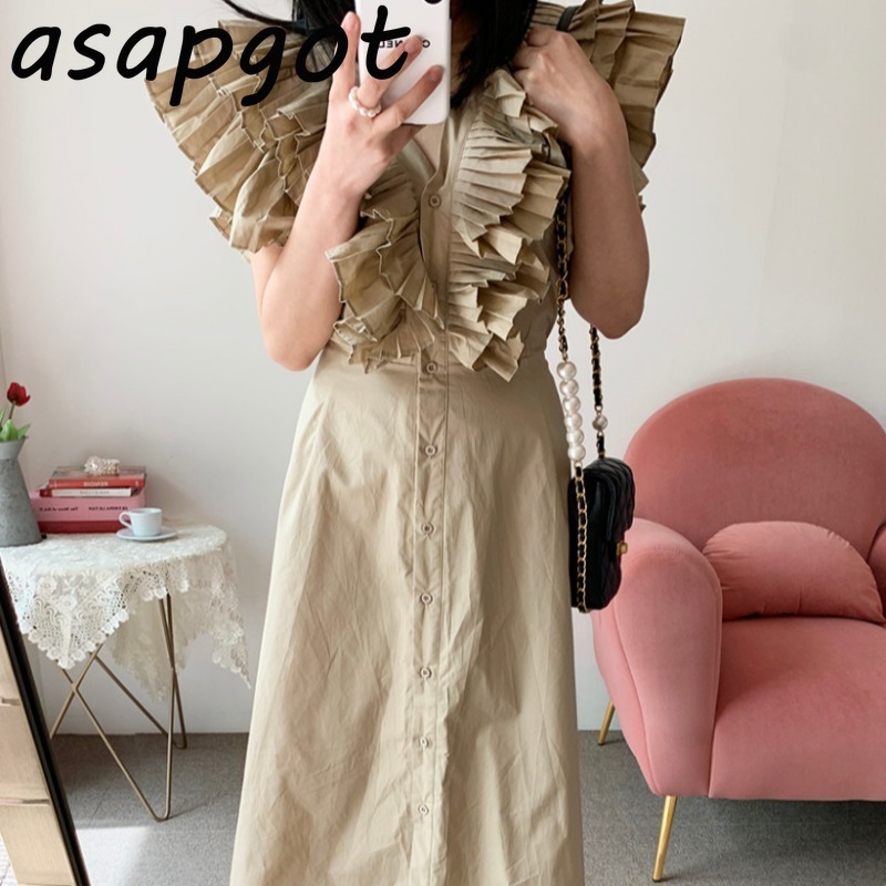 Chic Korean Elegant Sexy White V Neck Ruffles Sleeveless Big Swing Dress Single-breasted Heavy Pleated Lace-up Waist Casual 210429