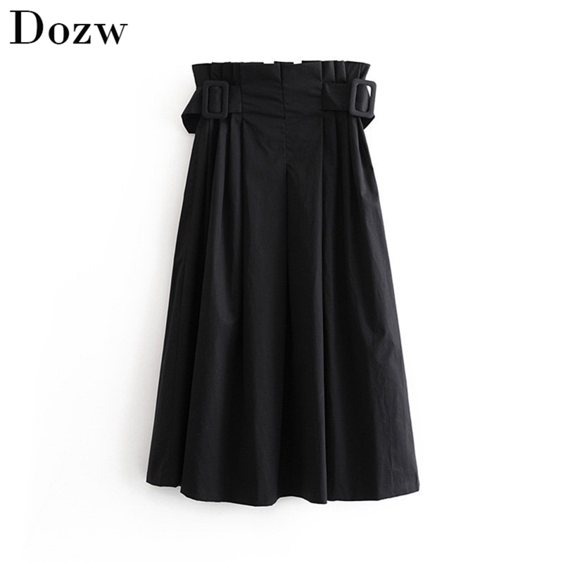 Autumn Skirts Women Solid Pleated Midi Length Elegant Female High Waist Belt A-line Casual Ladies Saias 210515