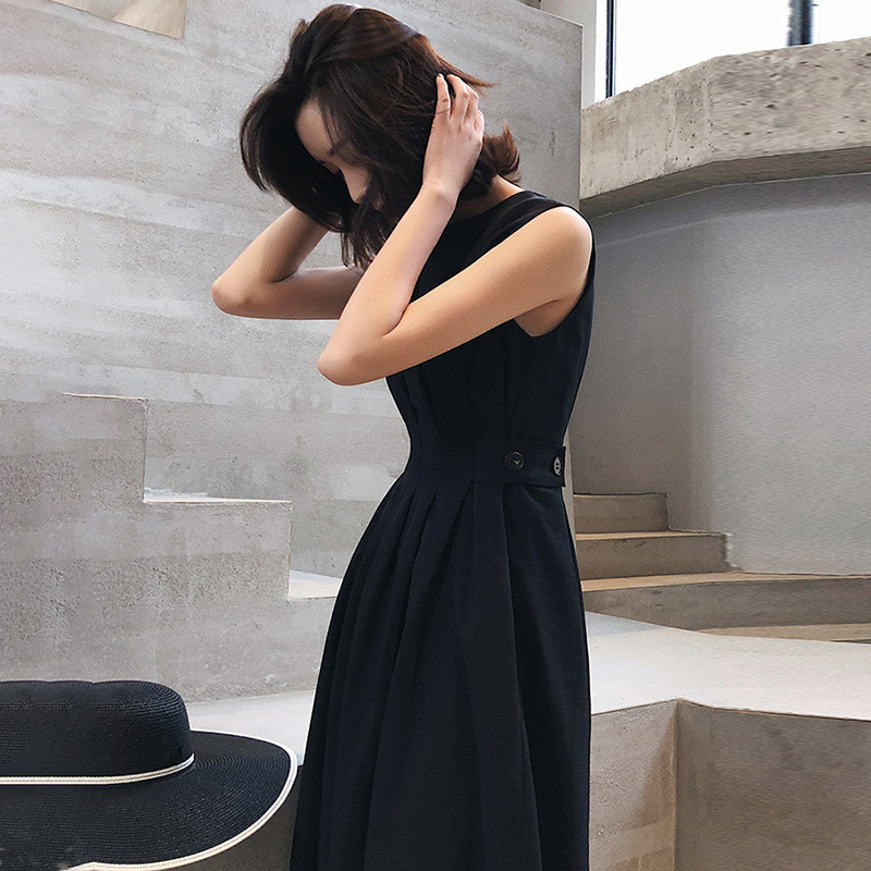 Summer Sleeveless Pockets Pleated Women Dress High Waist A-Line Female White Midi Dresses Elegant Fashion Ladies Solid Clothes 210409