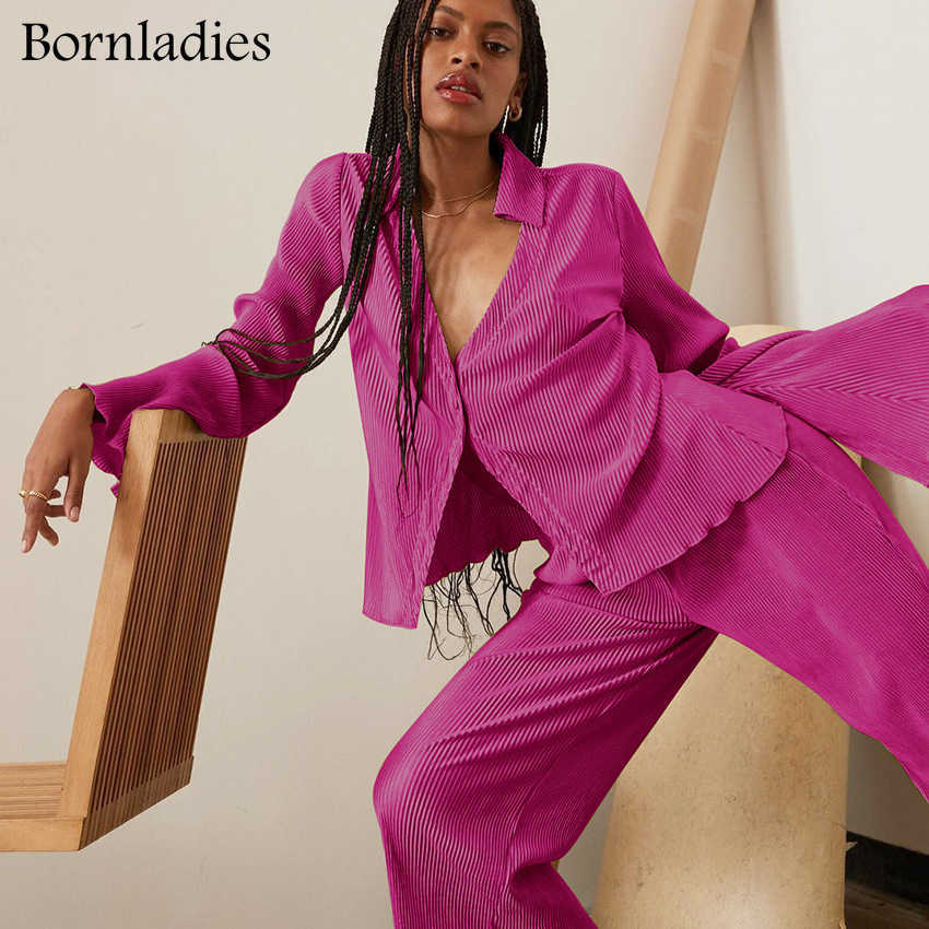 Bornladies Casual Ladies Office 2 Piece Sets Summer Women Outfit Long Sleeve Shirt And Loose Pants Green Pleated Suit Female 210930