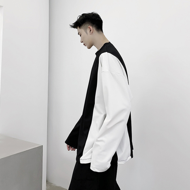 IEFB / men's wear classic black white contrast color stitching round collar t-shirs for male long sleeve oversize tops 9Y3899 210524