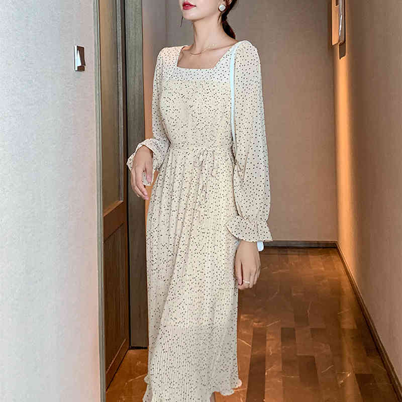 Autumn French Polka Dot Chiffon Dress Square Collar Elastic Waist High Pleated Women Vestido Feminine 11184 210427