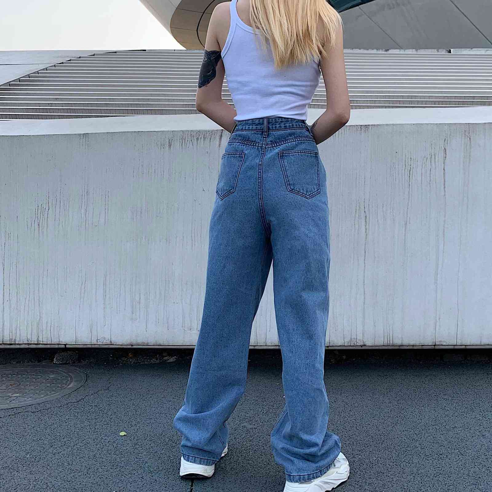 Girl Butterfly Printed Jeans for Women High Waist Streetwear Button Pocket Casual Loose Straight Pants Pantalones Vaqueros Mujer 210604