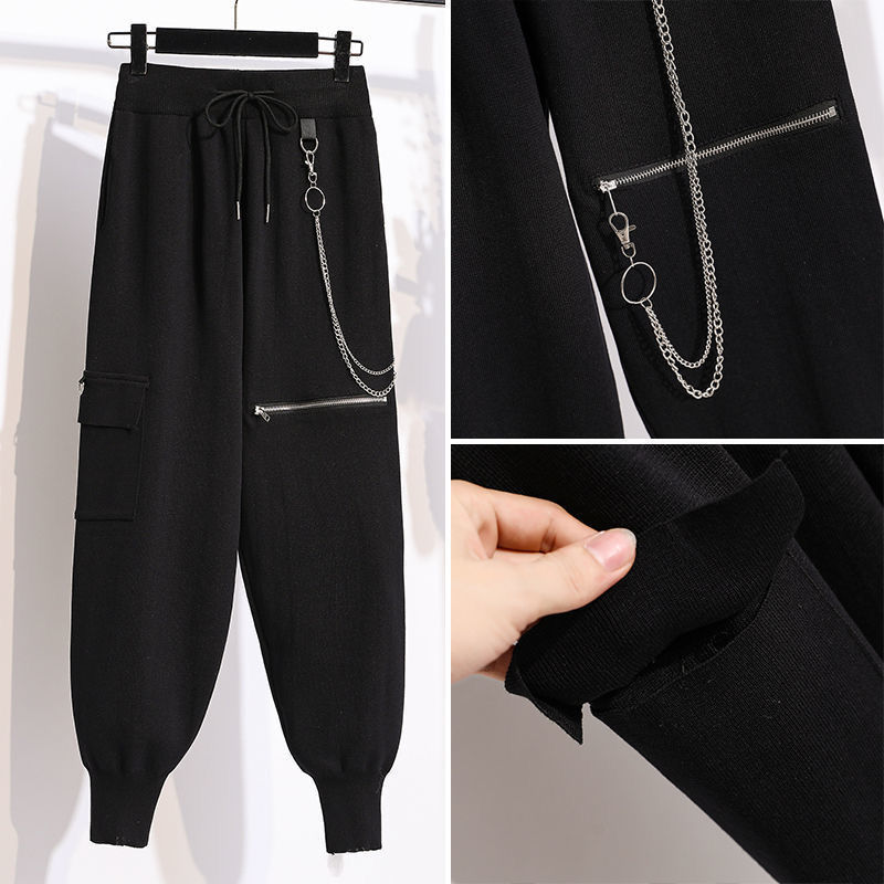 Nomikuma Chain Zipper Hole Women Knitted Harem Pants Lace Up High Waist Cargo Trousers Autumn Winter New Sweater Pants 6C665 210427