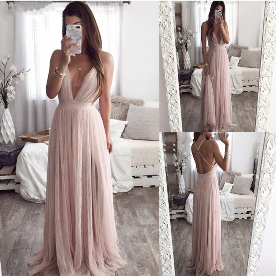 Sexy Deep V Neck Evening Dress Summer Backless Pink Elegant Lace Evening Maxi Dress Holiday Long Party Dresses Ladies 2021