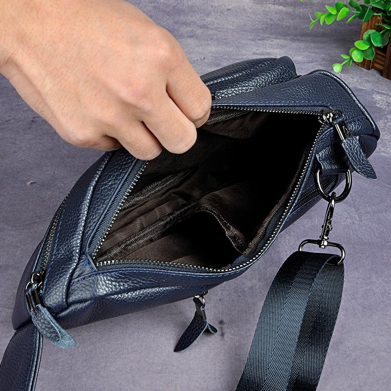 Waist Bags Crazy Horse Leather Men Casual Blue Travel Triangle Chest Sling Bag Design 8" Tablet One Shoulder Strap Daypack Male 8012