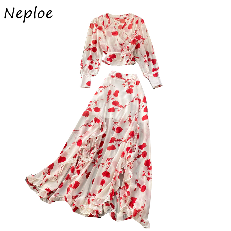 Autumn 2 Piece Set V-neck Drawstring Chiffon Blouse + High Waist Fungus Patchwork Flower Print Split Skirt Suit Women 210430