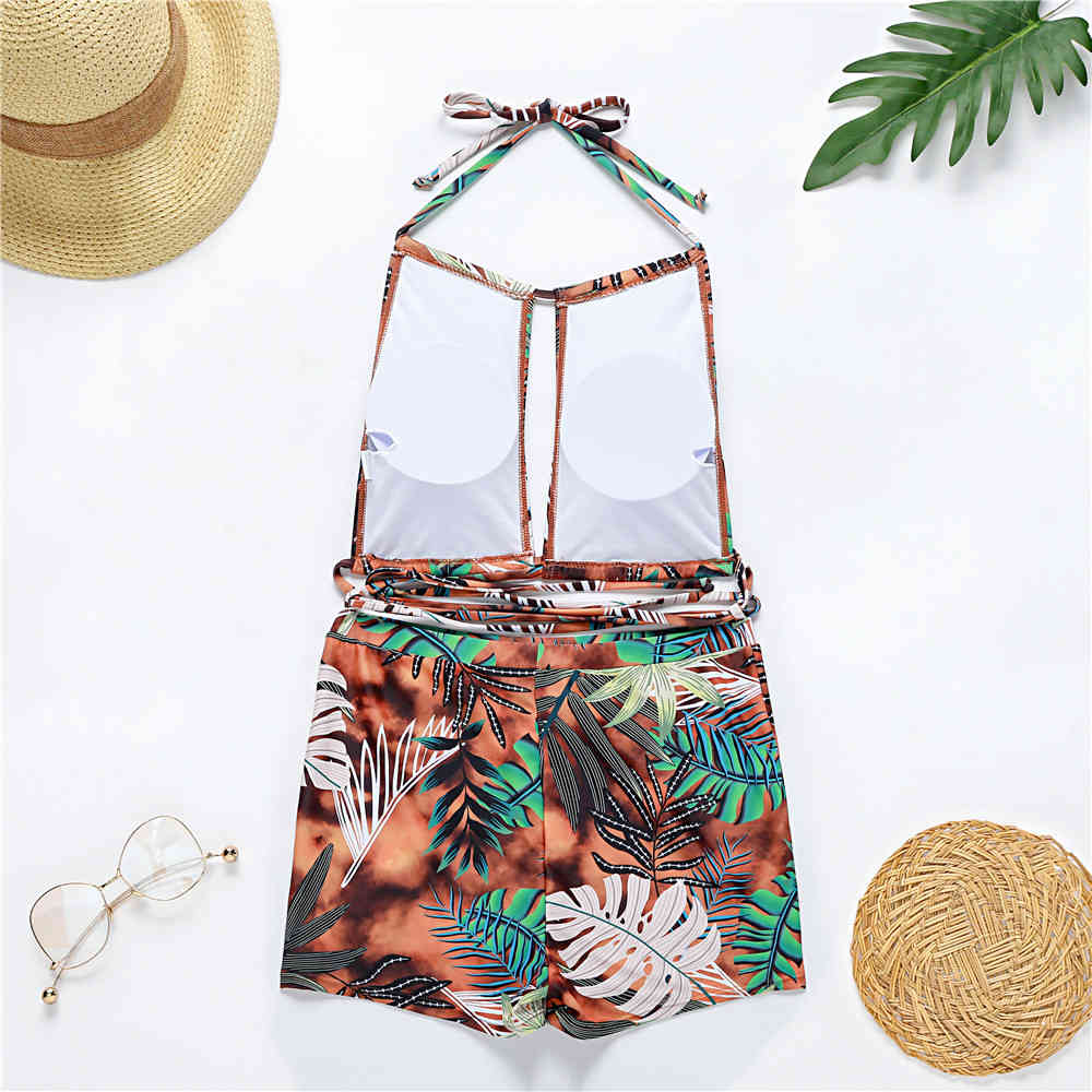 Women Fashion Tropical Jungle Print Bikini Set Shorts Halter neck Two Piece Swimsuit Bathing Suit Swimwear Beach Wear Tankinis 210520