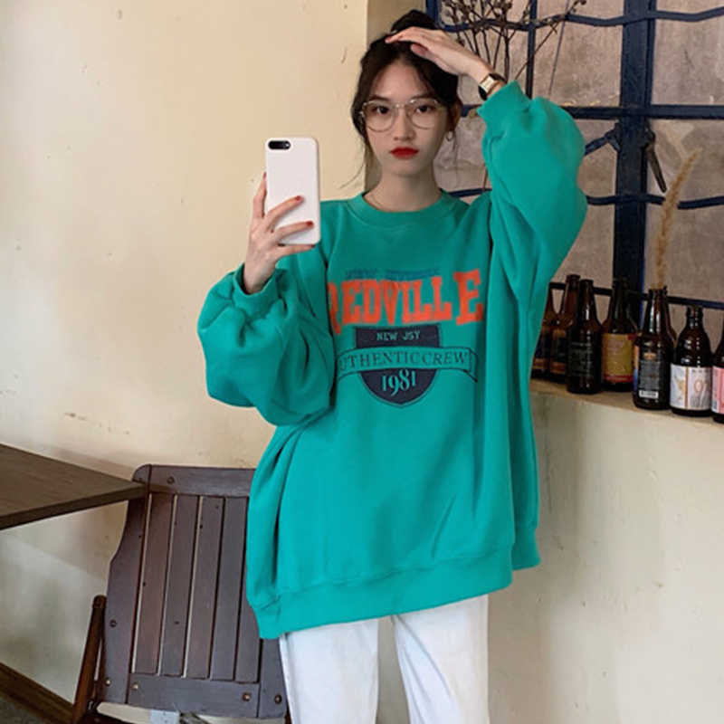 Women Fleece Letter Printed Pullover Sweatshirts Long Sleeve Casual Sports Lady Oversized Hoodie For Autumn Korean Fashion 210910