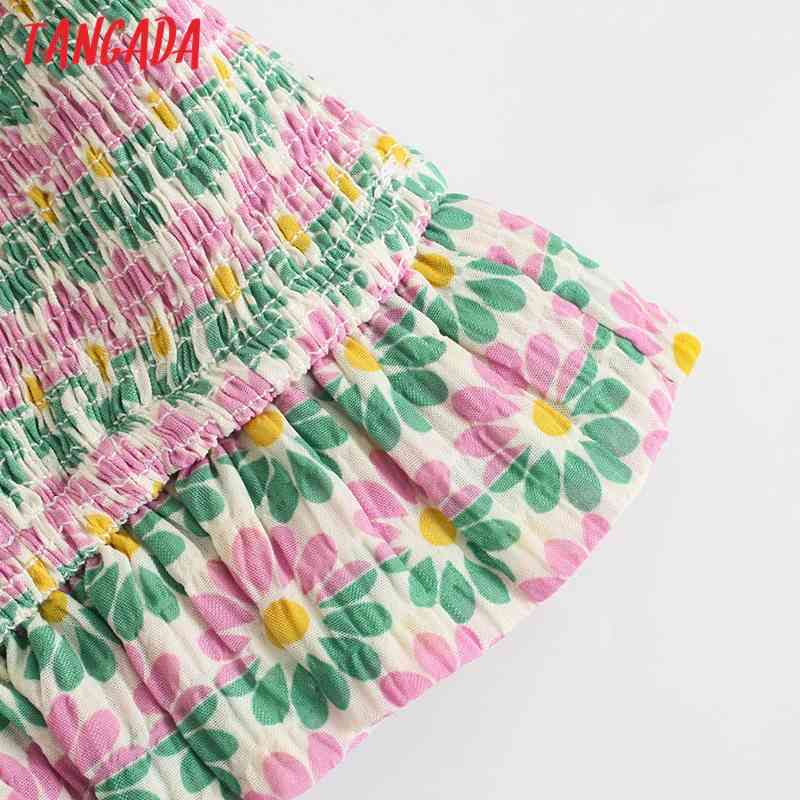 Women Floral Green Pleated Crop Shirts Bow Sleeve Summer Female Short Tops Blouses 5Z100 210416