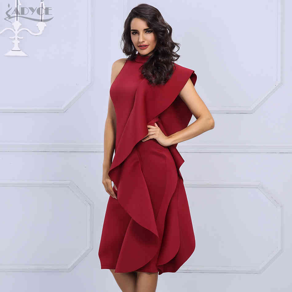 Summer Women Celebrity Runway Party Dress Sexy Wine Red Sleeveless Patchwork Ruffles Midi Bodycon Club 210423