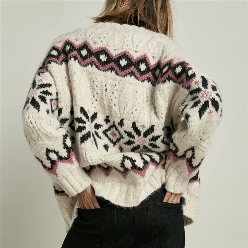 Streetwear Women Geometry Jacquard Sweater Fashion Ladies V-Neck Knitted Tops Causal Female Chic Loose Cardigan 210430