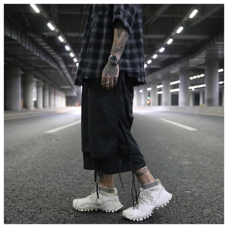 European And American High Street Dark Fan Can Tie Ribbons Layered Stitching Slits Loose Casual Six-point Wide Pants Men's
