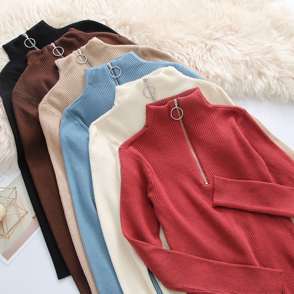 Autumn Winter Sweaters Women Sexy Slim Solid Color Korean Zipper Knit Pullovers Bottom Ladies Pullover Tops 210428
