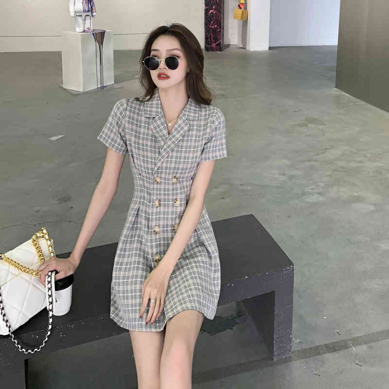 Suit Collar Dress Summer Korean Plaid Splicing Double Breasted Short Sleeves Mini Short Dress for Women Vintage Dress 210515