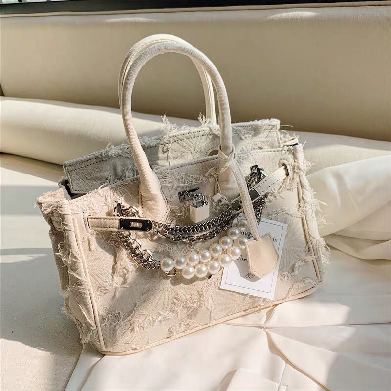 fashion accessories Hand-stitched denim Birkin Kelly tote bag, Silver