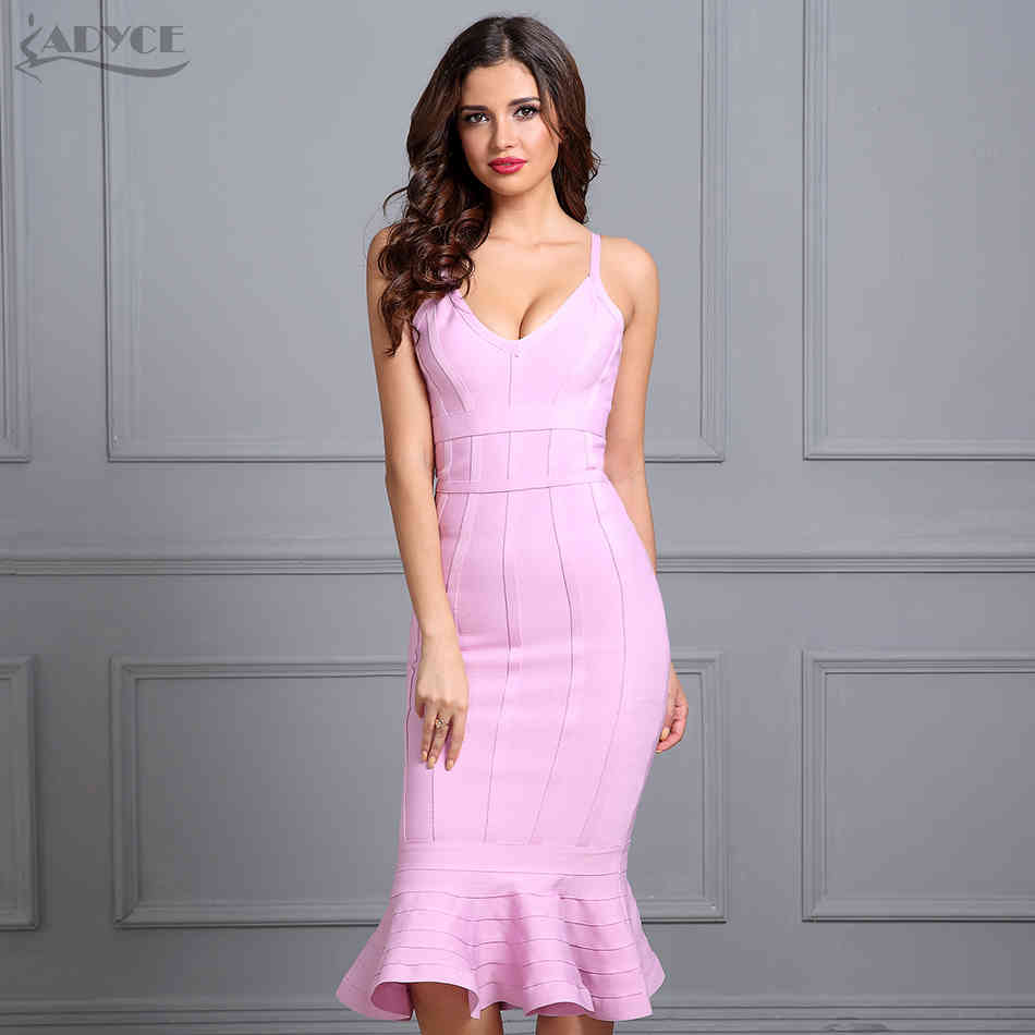 Women Summer Pink Bandage Dress Spaghetti Strap Mermaid V-Neck Midi Clubwears Celebrity Evening Party Vestidos 210423
