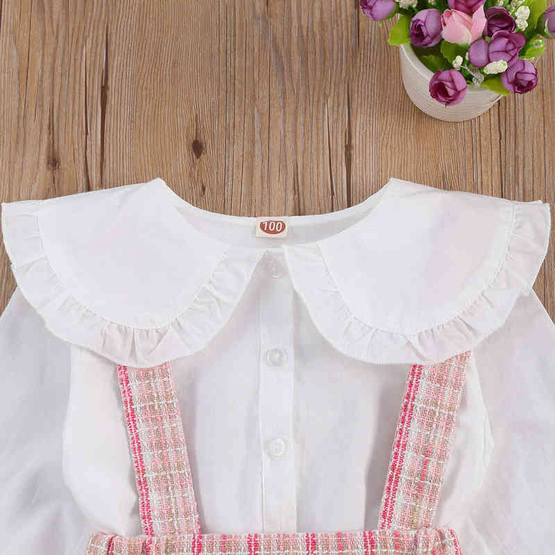 Lovely Kids Baby Girls Clothes 2pcs Suit Peter Pan Collar Long Sleeve Shirt Plaid Suspender Skirt for Autumn Spring Outfits 2-7Y Y220310