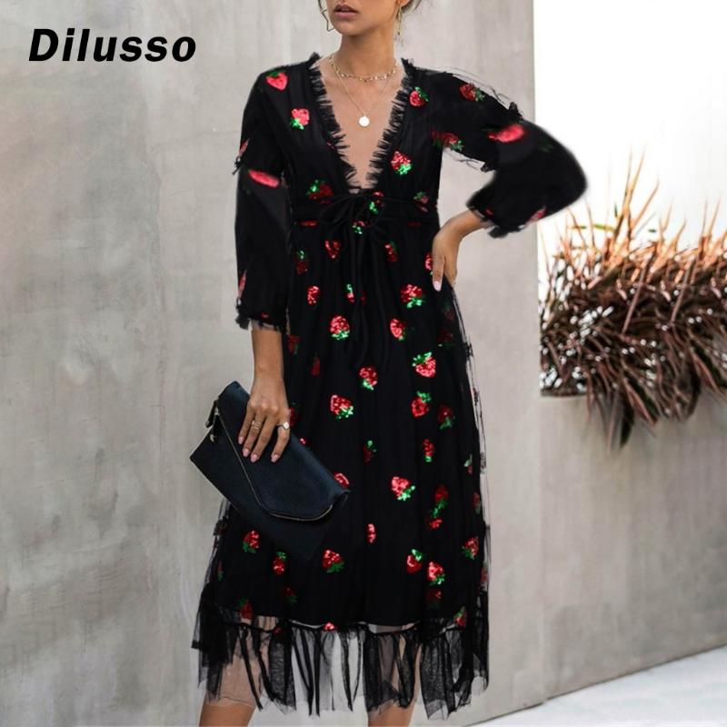 Fashion Women Casual Sexy Strawberry Sweet Dresses Mesh Yarn V-neck Pleated 2021 Sell Ladies Autumn Dresses#D3