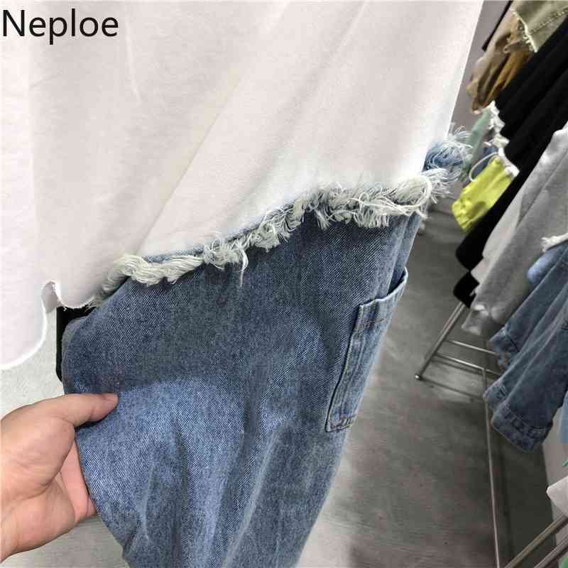 Neploe Korean Fashion Sweatshirts Women Patchwork Jeans Contact Color Hoody O-neck Batwing Sleeve Hoodies Loose Causal Tops 210422
