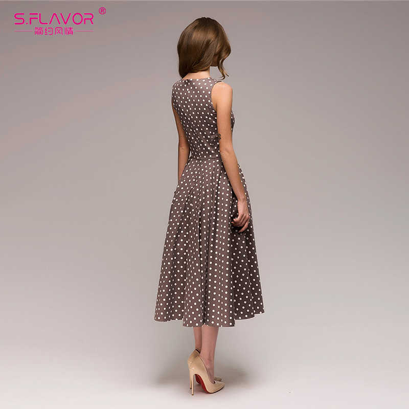 S.FLAVOR Women Vintage Dot Wave Sundress Sleeveless O-neck Summer Vestidos Women Elegant Dot Printing Mid-Calf Casual Dress 210630