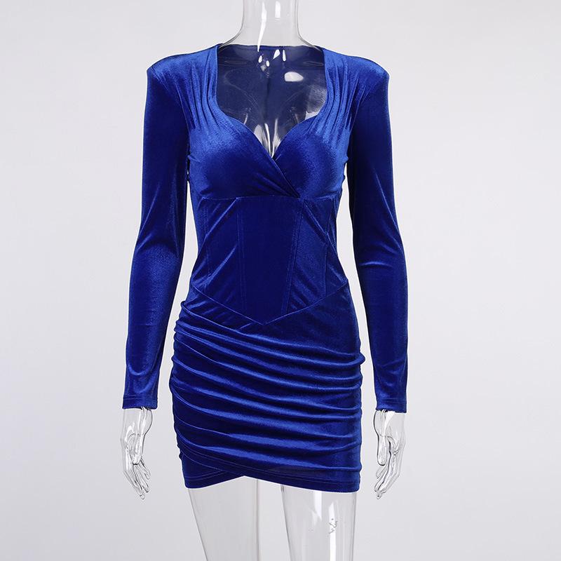 Glamm Lady Velvet Spring Autumn Sexy Mini Dresses For Women Party Wrap Bodycon Dress Club V Neck Casual Solid Blue Vestido