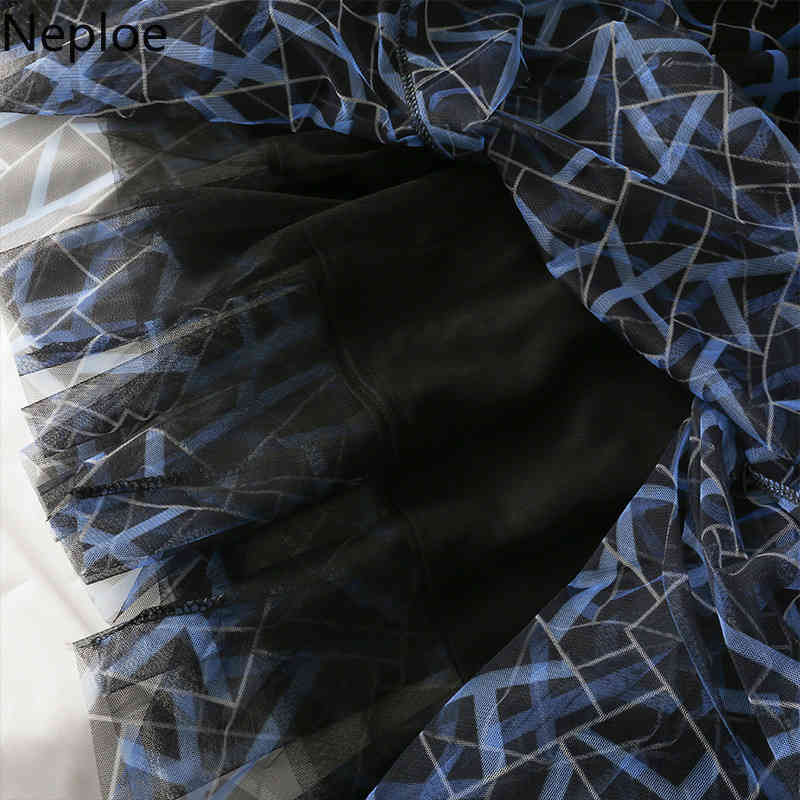 Neploe Plaid Printed Skirt Women Mid-length Gauze A-line Jupe Summer Elastic High Waist Faldas Korean Fashion Slim Saia 210422