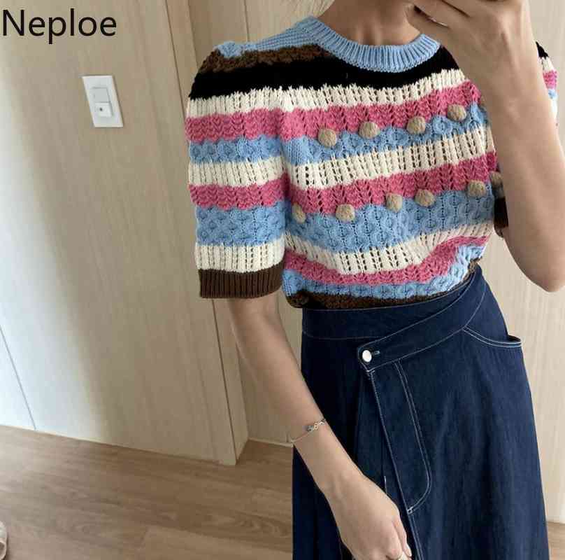 Neploe Knit Cropped T Shirt Women Summer Shirt Hollow Out Contrast Color Striped Tees Korean O Neck Pullover Short Sleeve Tops 210422