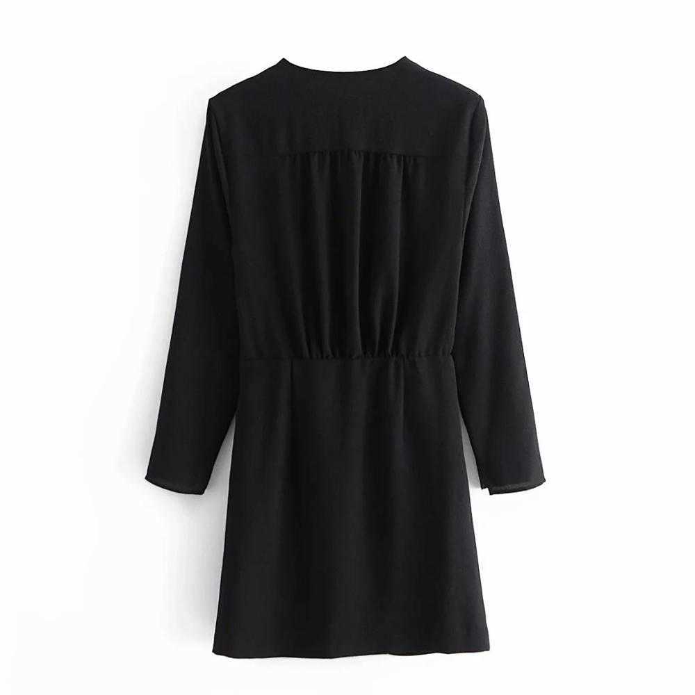 Women Dress V-neckline Long Sleeves Elastic Waist Draped Short Mini Dress for Women Femme Robe Ropa Mujer Vestidos 210709