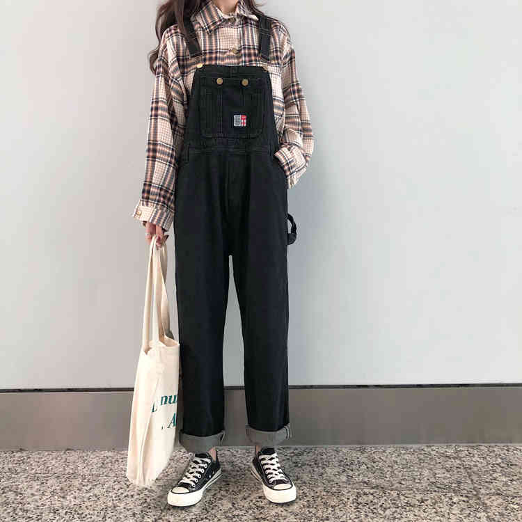 SML jeans womens autumn loose Black straight pants trousers jumpsuit korean casual loose denim overalls womens (72727 210423