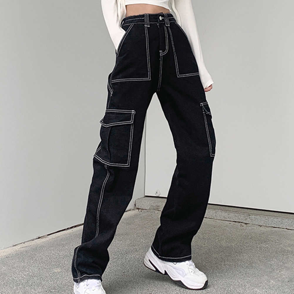 Harajuku Y2K Multi Pockets Patchwork Baggy High Waist Jeans Streetwear 100% Cotton Women Denim Trouser Loose Pants Punk 210922