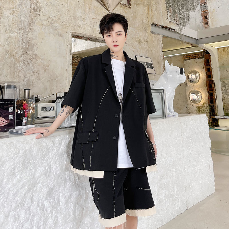 IEFB Man Jacket Elegant Summer Split Line Patchwork Short Sleeve Suit Jacket Men Korean Suit Male Blazer Outfit 9Y7727 210524