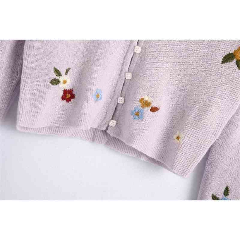 Spring CHIC French Knitting Embroidery Crop Cardigan Sweater Retro Woman V neck Long Sleeve Flower Jumper Short Knitwear 210429