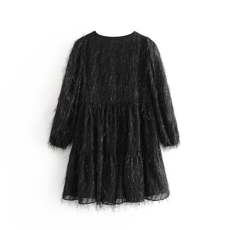 Women Mini Long Sleeve V Neck Solid Tassel Party Casual Loose Pleated Short Stylish Female Christmas Dress 210414