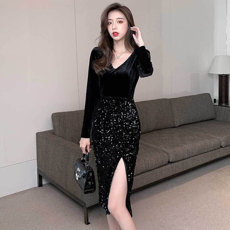 Vintage Velvet Sequin Dress Black Gothic Women Long Split Spring Korean Ladies Sexy Party Clothes 210604
Vintage Velvet Sequin Dress Black Gothic Women Long Split Spring Korean Ladies Sexy Party Clothes 210604