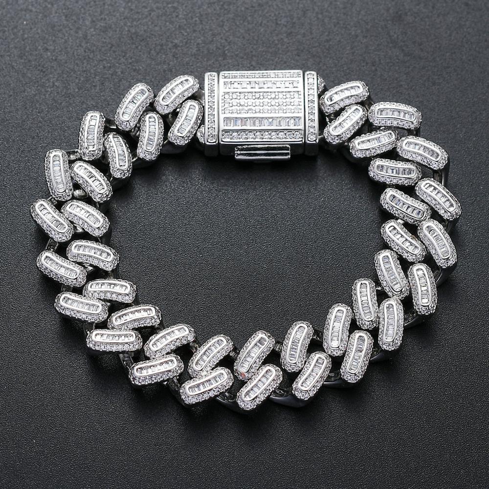 New Fashion Hip Hop Bracelet 15mm White Gold Brass Iced CZ Heavy Baguette Cuban Link Wristband Miami Curb Chain Jewelry Party Punk Giftsfor Man and Wo