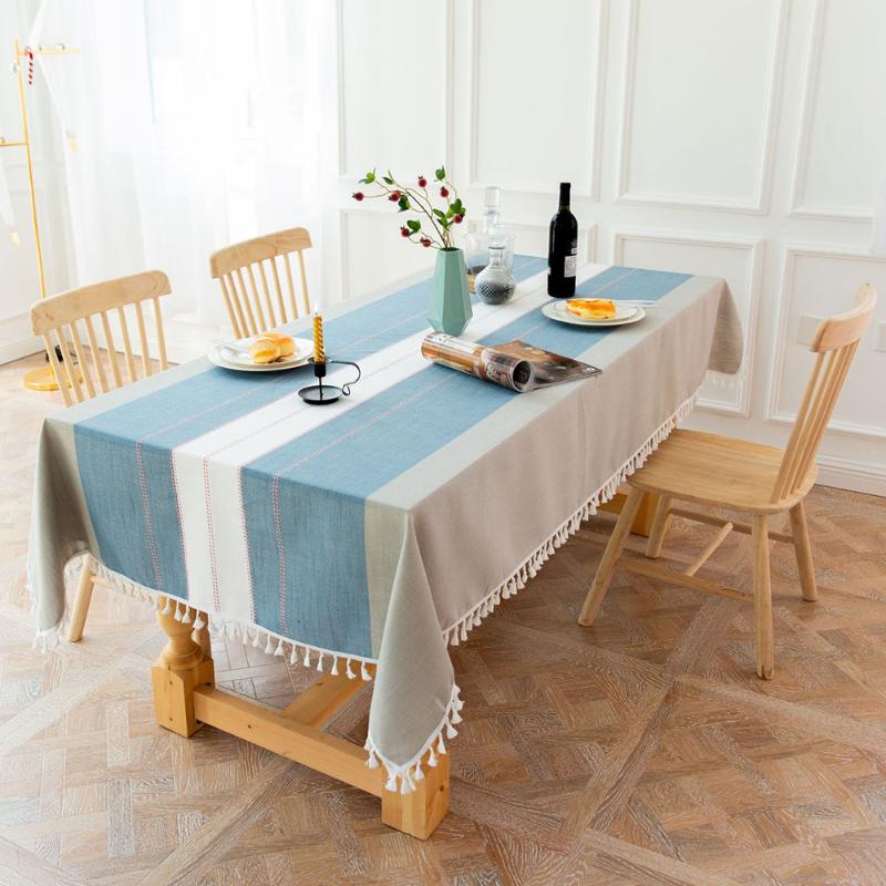 Home Striped Linens Cotton Tablecloth Tassel Protection Table Dinner Party Embroidered Banquet Cover Decorations Cloth