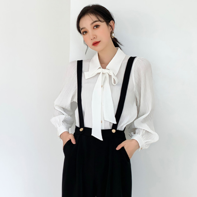 Elegant Vertical Stripe Bow Tie Blouse Women's Spring Long Lantern Sleeve Metal Button Simple Shirt 5B631 210427