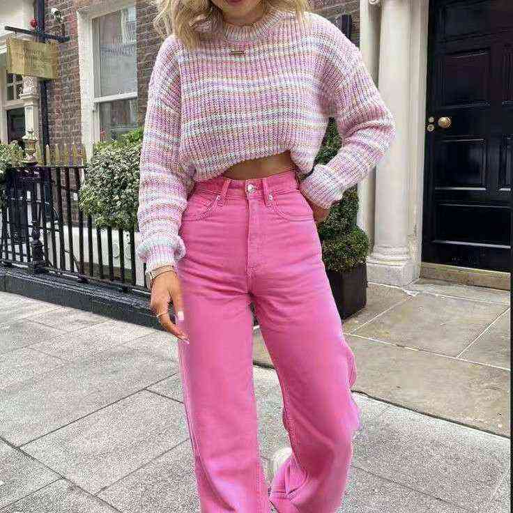 Women Jeans Pants Retro Brown Pocket High Waist Straight Casual for women denim jeans 211112