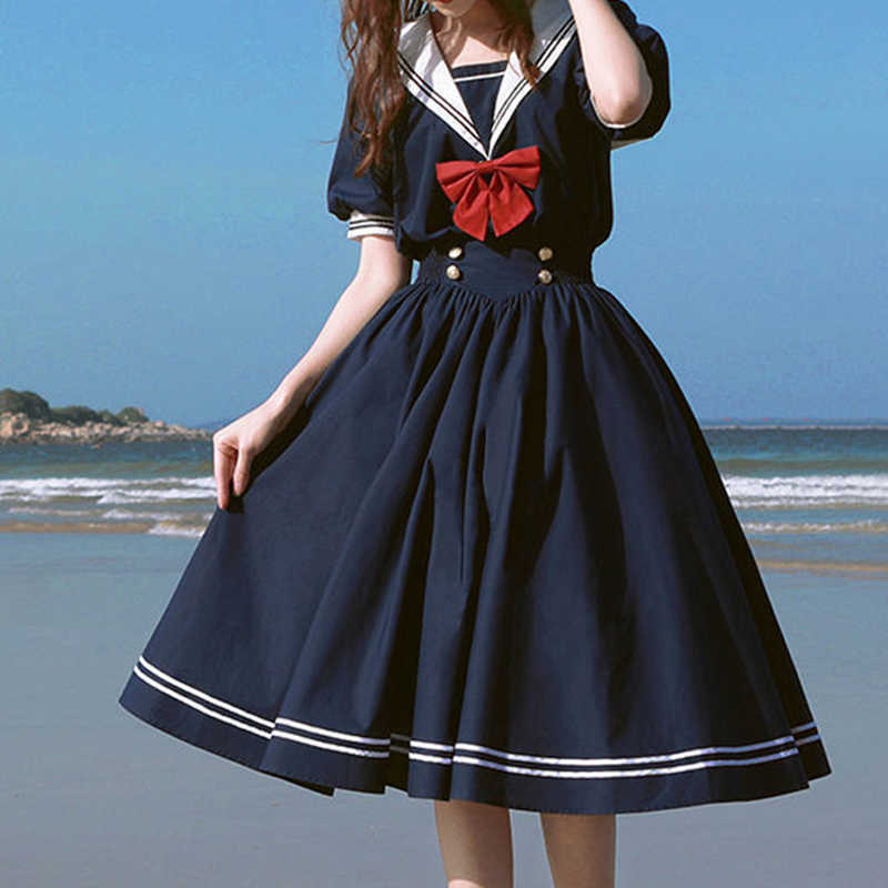 Harajuku Sailor Collar Navy Dress Japanese Lolita Sweet Bow-knot Girl Retro Kawaii Preppy Style Short Sleeve Women 210623