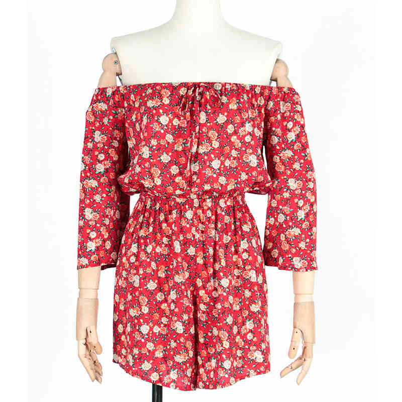 Foridol Boho Summer Rompers Women Jumpsuit Floral Print Off Shoulder Playsuit Casual Wide Leg Beach Rompers Red Overalls 210415