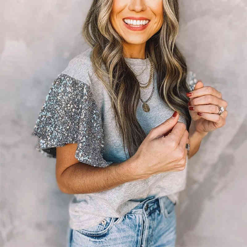 Vintage Sequin Sleeve T-shirt Women Top Patchwork Casual Summer O-Neck Harajuku Shirts Short-sleeve Tops Office Ladies T-shirts 210515