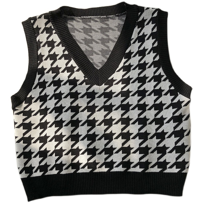 Autumn Houndstooth Knit Vest Women's Loose Korean Outdoor Knitted Waistcoat High Street Sleeveless oversized sweater 210508