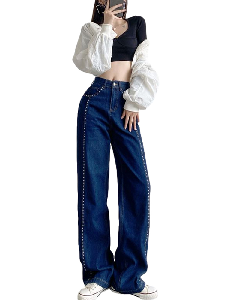 Spring autumn new design womens high waist wide leg loose palazzo denim jeans rivets patchwork long pants trousers SMLXLXXL