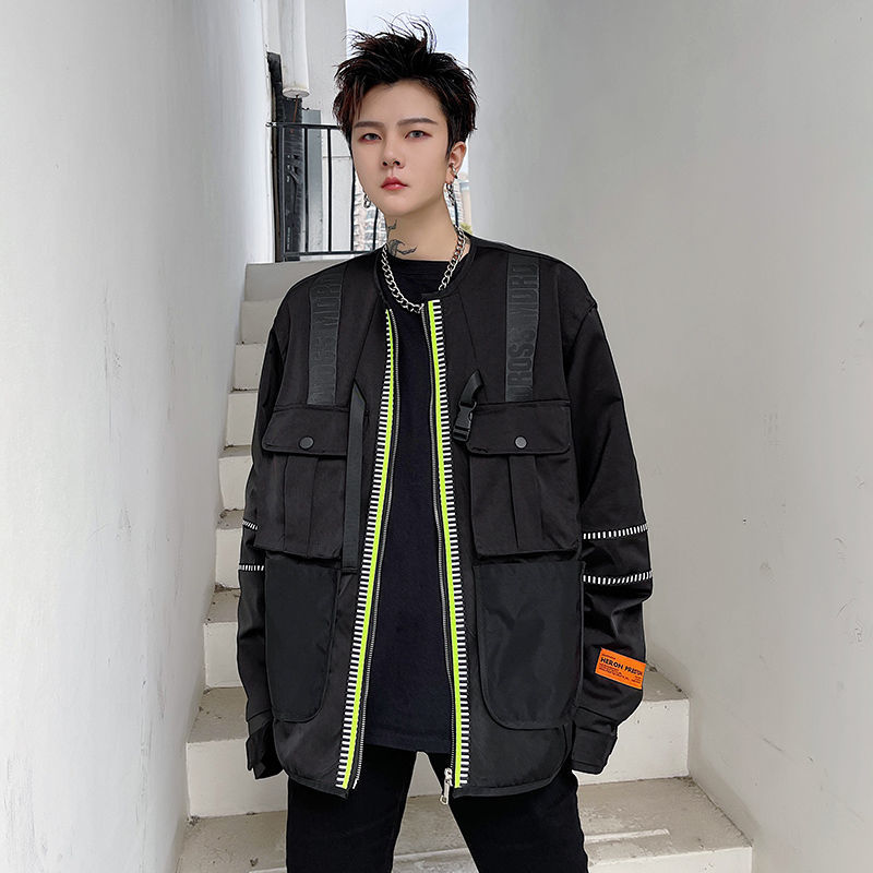 IEFB Men's Spring Jacket Zipper Long Sleeve Zipper Loose Oversized Workwear Black Jacket For Male Letter Print9Y6642 210524